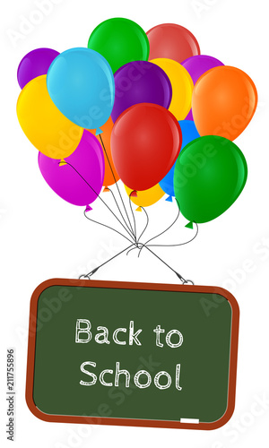 Back to school!. Green school board with an inscription, raised by balloons. Isolated on white background. Vector