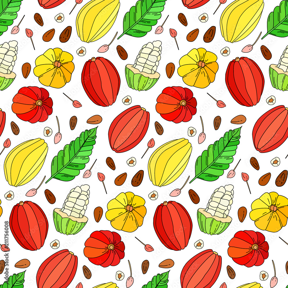 Cocoa fruit vector doodle seamless pattern Cocoa fruit vector doodle seamless pattern