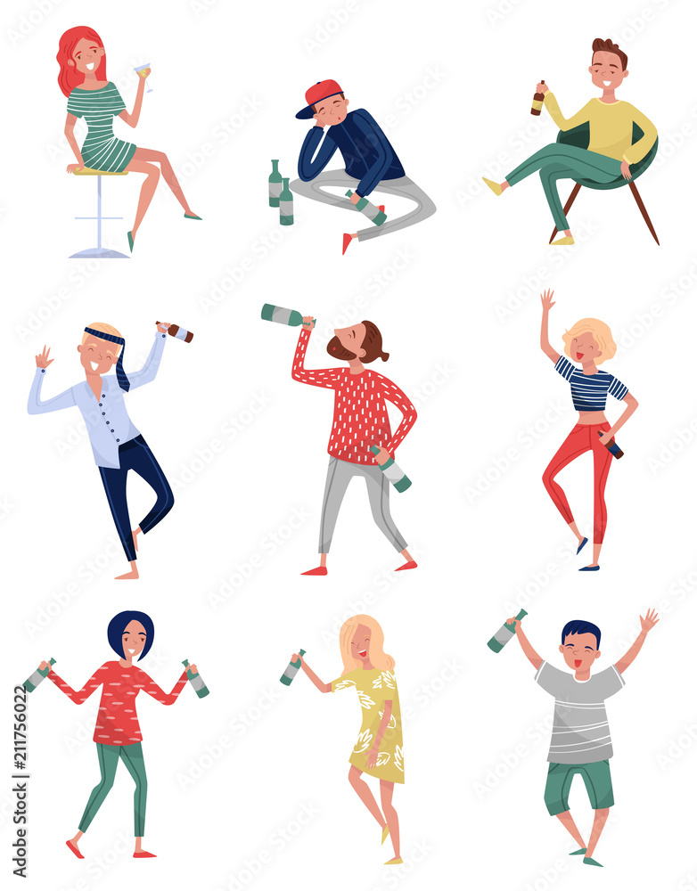 Smiling drunk people set, happy men and women with bottle of alcohol drink in their hands vector Illustrations on a white background