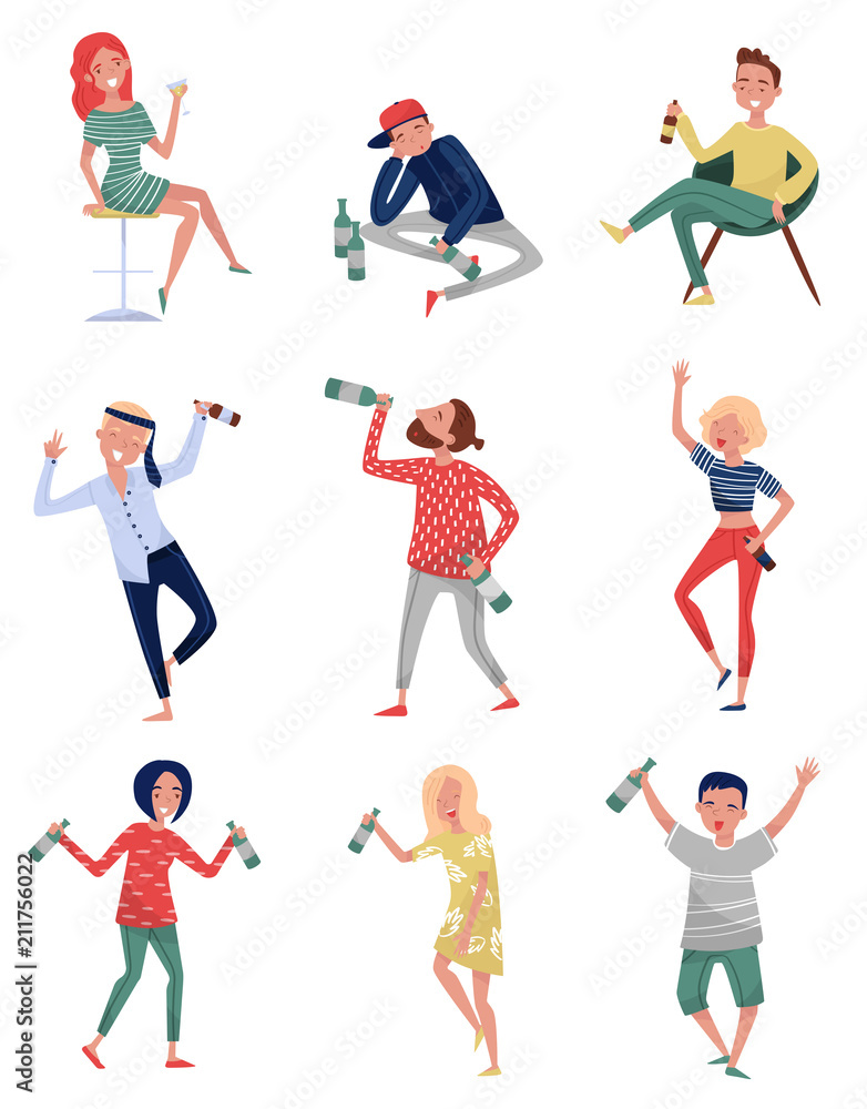 Smiling drunk people set, happy men and women with bottle of alcohol drink in their hands vector Illustrations on a white background Smiling drunk people set, happy men and women with bottle of alcohol drink in their hands vector Illustrations on a white background
