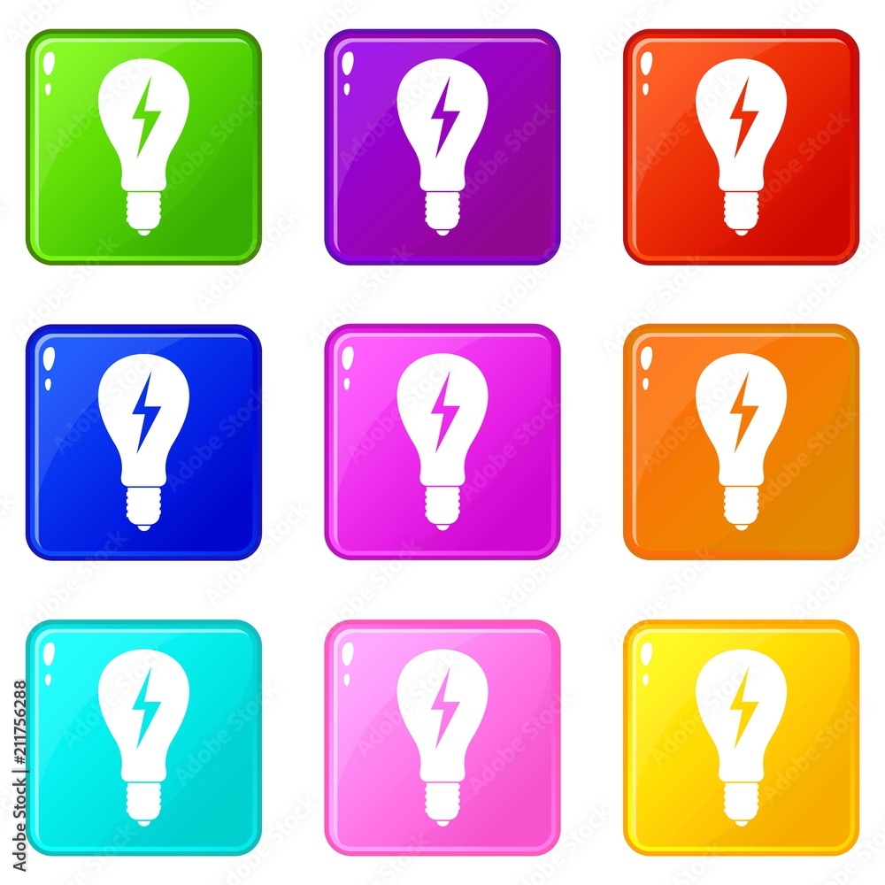 Light bulb with lightning inside icons of 9 color set isolated vector illustration Light bulb with lightning inside icons of 9 color set isolated vector illustration