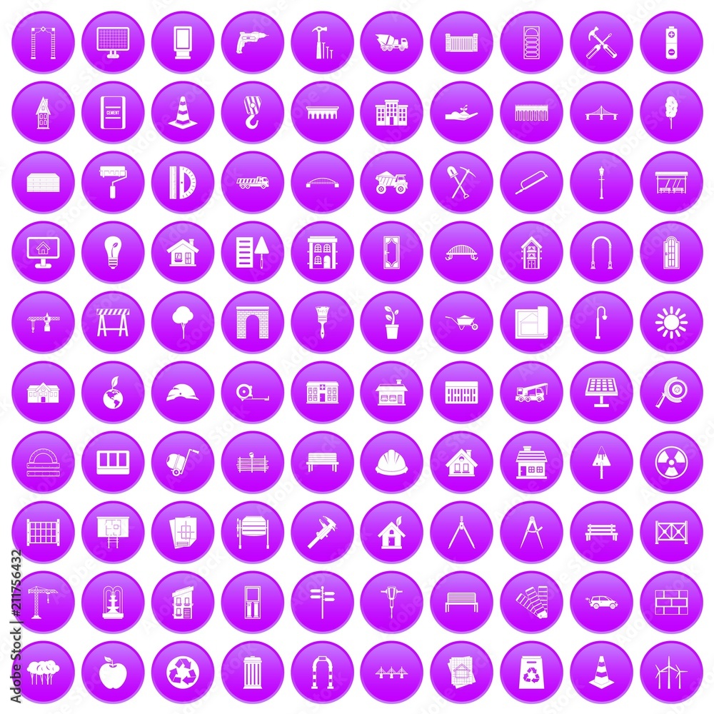 100 architecture icons set in purple circle isolated on white vector illustration 100 architecture icons set in purple circle isolated on white vector illustration