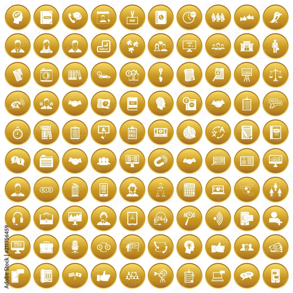 100 discussion icons set in gold circle isolated on white vectr illustration 100 discussion icons set in gold circle isolated on white vectr illustration