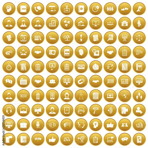 100 discussion icons set in gold circle isolated on white vectr illustration