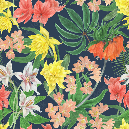 Watercolor painting seamless pattern with beautiful tropical flowers