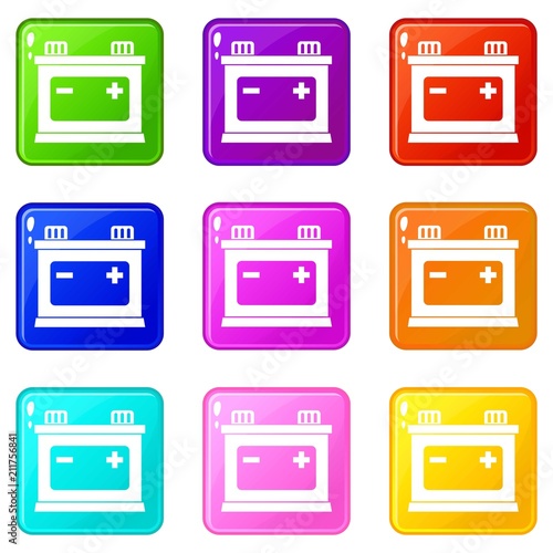 Car battery icons of 9 color set isolated vector illustration