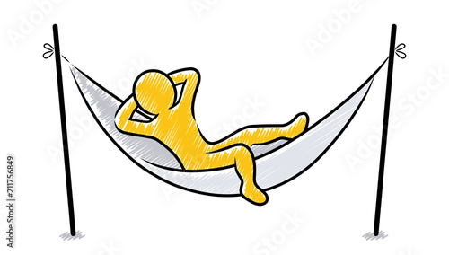 Gelbes Männchen entspannt mit verschränkten Armen in einer Hängematte / Schraffierte Vektor-Zeichnung