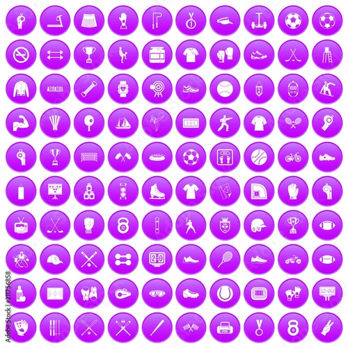 100 athlete icons set in purple circle isolated on white vector illustration
