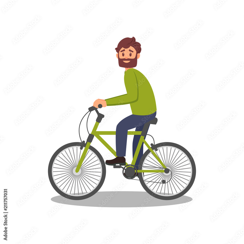 Bearded man riding bicycle, healthy and active lifestyle, eco friendly alternative transportation vehicle vector Illustration on a white background Bearded man riding bicycle, healthy and active lifestyle, eco friendly alternative transportation vehicle vector Illustration on a white background