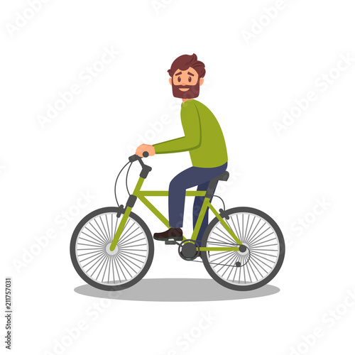 Bearded man riding bicycle, healthy and active lifestyle, eco friendly alternative transportation vehicle vector Illustration on a white background