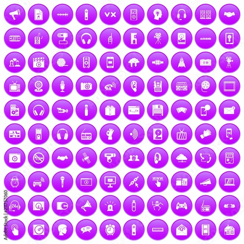 100 audio icons set in purple circle isolated on white vector illustration