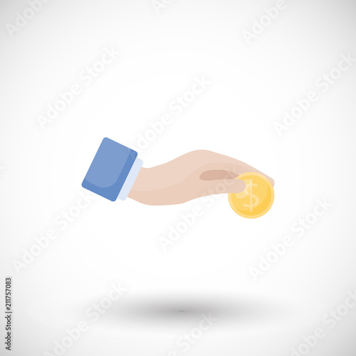 Hand with coin Donation charity flat vector icon