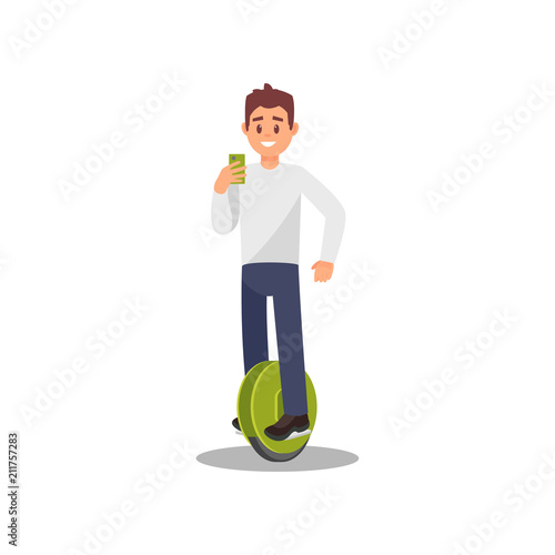 Young man riding electric monowheel hoverboard, healthy and active lifestyle, eco friendly alternative transportation vehicle vector Illustration photo