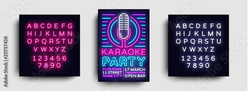 Karaoke party poster neon vector. Karaoke night design template, bright neon brochure, modern trend design, light banner, typography invitation party, advertising postcard. Editing text neon sign