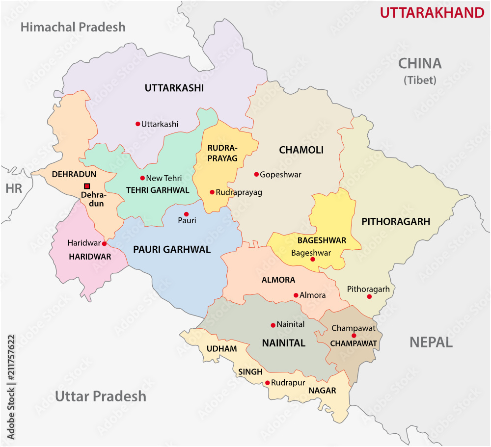 uttarakhand administrative and political district vector map