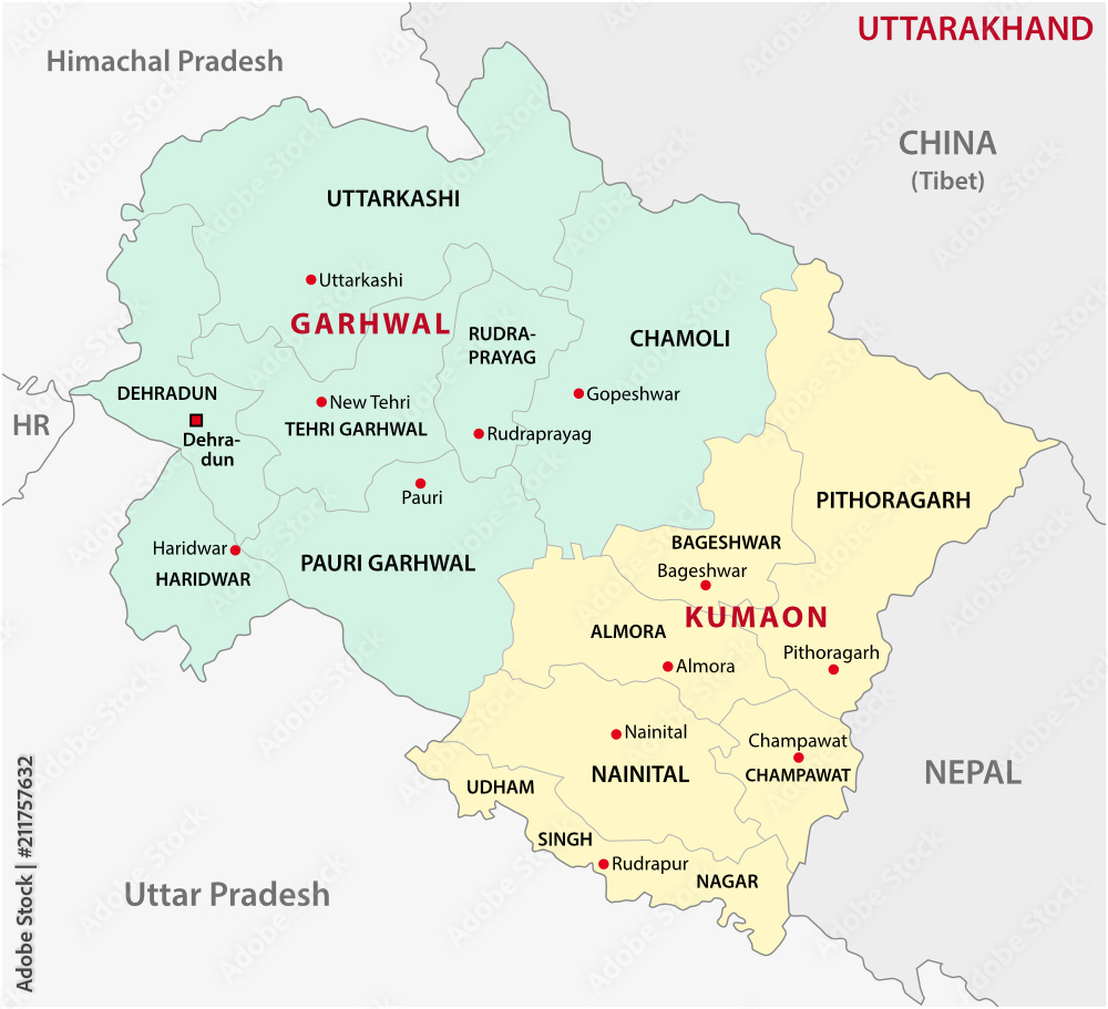 uttarakhand administrative and political division vector map