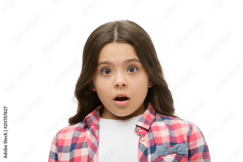 Girl with shocked look isolated on white. Little kid in casual style. Child with long brunette hair. Beauty salon. No way Girl with shocked look isolated on white. Little kid in casual style. Child with long brunette hair. Beauty salon. No way