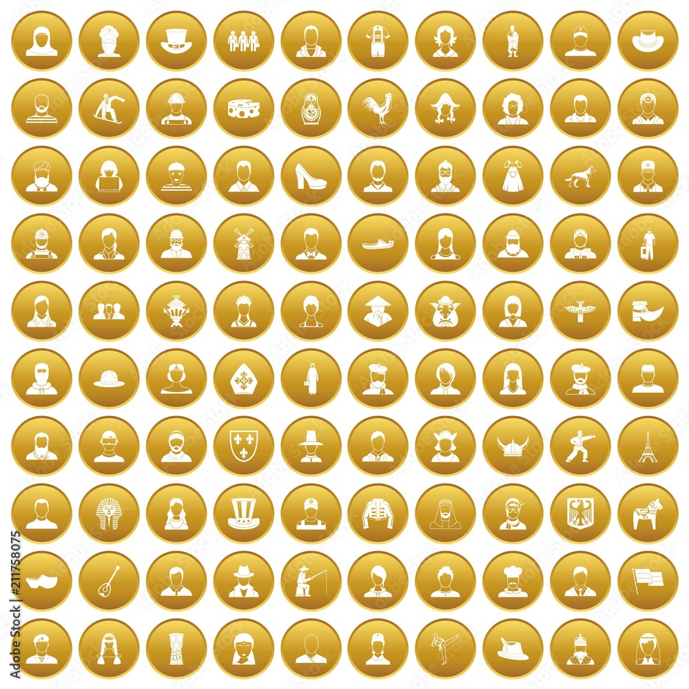 100 folk icons set in gold circle isolated on white vectr illustration 100 folk icons set in gold circle isolated on white vectr illustration
