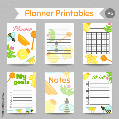 Honey prinatables with flat honey elements. Notes with bee, beehive, jar, honeycomb. Vector journal, organizer, cute planner