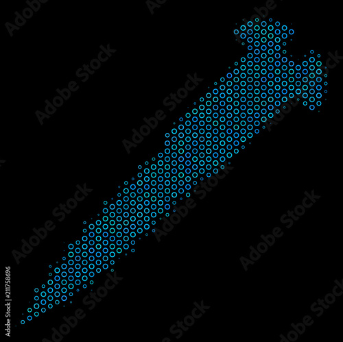 Halftone Screw collage icon of circle elements in blue color tones on a black background. Vector circle items are organized into screw illustration.