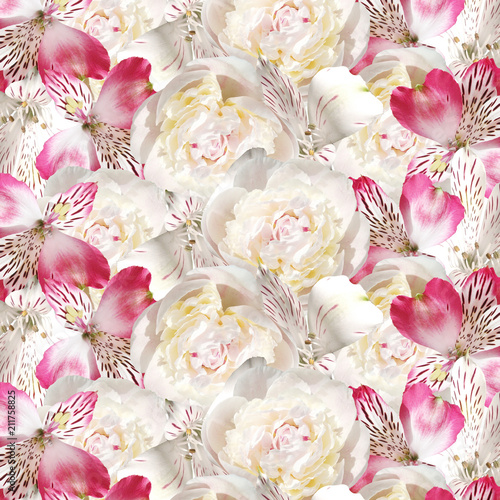 Beautiful floral background of alstroemerias and peonies 