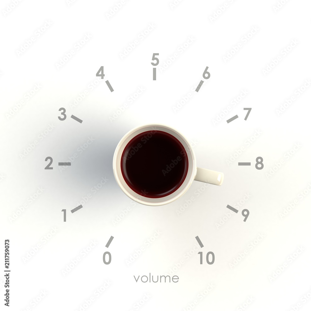 Fototapeta Widok z góry na filiżankę kawy w formie regulacji głośności na białym tle, ilustracja koncepcja kawy, renderowanie 3d