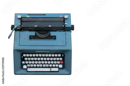 top view blue typewriter on white background,copy space