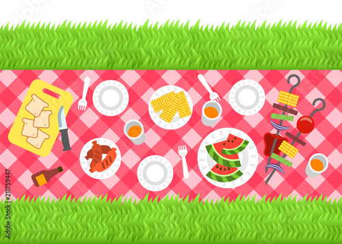 Summer barbecue picnic background. Vector flat illustration. Outdoor party banner. Grilled sausages, corn, watermelon and vegetables on skewers. Bbq food in plastic plates on checkered tablecloth