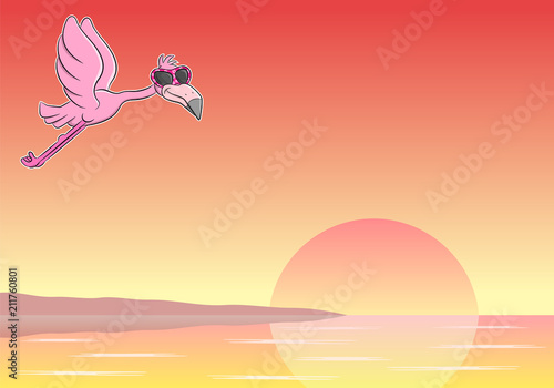 Cartoon Flamingo mit Sonnenbrille vor Sonnenuntergang 