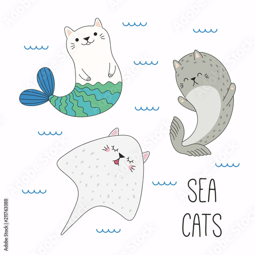 Hand drawn vector illustration of a kawaii funny cat mermaid, stingray, seal, swimming in the sea. Isolated objects on white background. Line drawing. Design concept for children print.