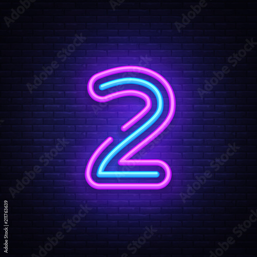 Number two symbol neon sign vector. Number two template neon icon, light banner, neon signboard, nightly bright advertising, light inscription. Vector illustration