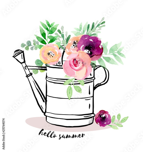 Hand painted card with a watering can and flowers
