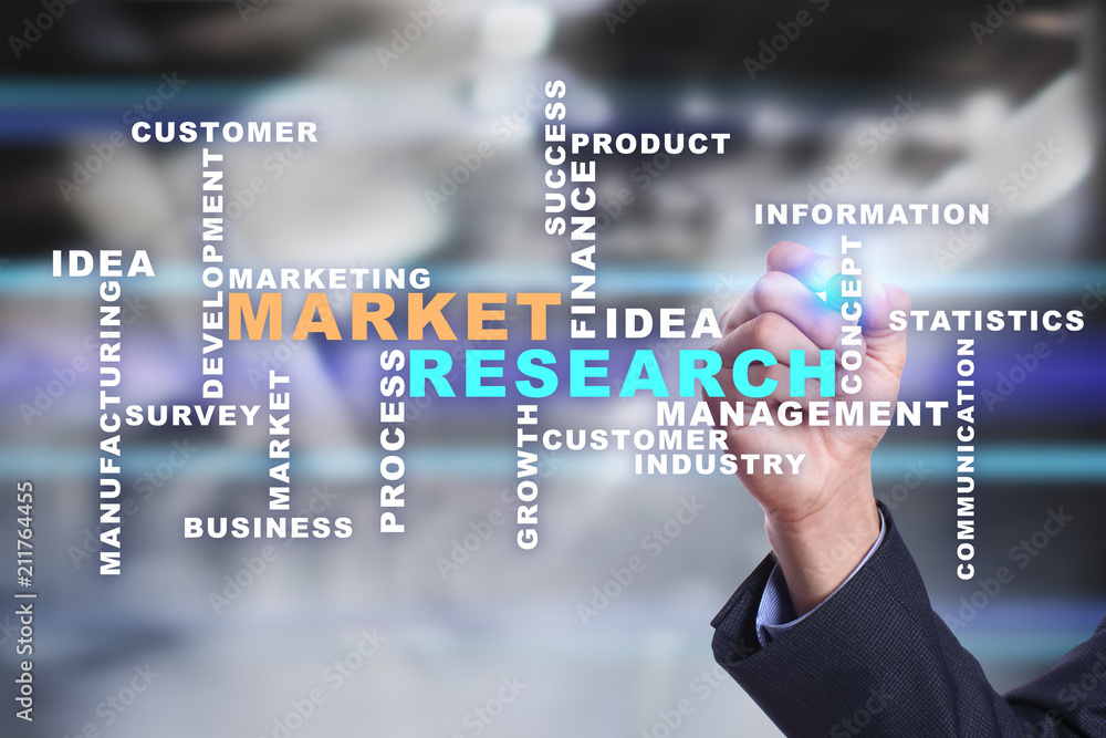Market research words cloud on the virtual screen. Market research words cloud on the virtual screen.