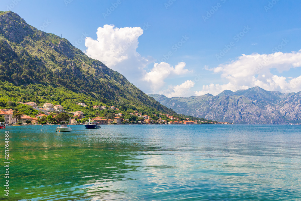 Adriatic sea coastline, boka-kotor bay near the city Kotor, Mediterranean summer seascape, nature landscape, vacations in the summer paradise