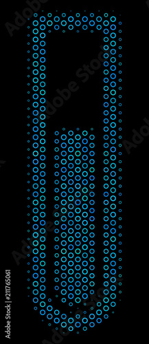Halftone Test tube mosaic icon of spheric bubbles in blue color hues on a black background. Vector spheric dots are grouped into test tube collage.