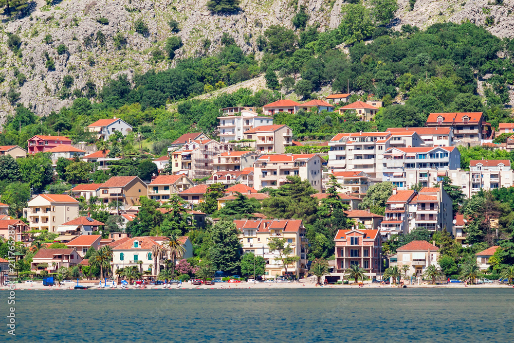 View on the european city with orange tiling roofs at boka-kotor bay in Adriatic sea , Montenegro