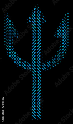 Halftone Trident fork composition icon of circle bubbles in blue shades on a black background. Vector circle bubbles are grouped into trident fork composition.