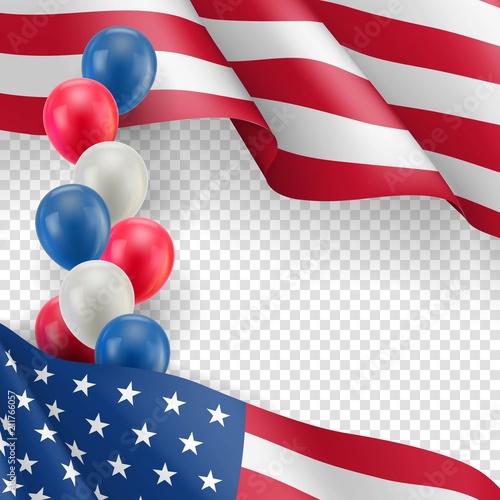 USA country patriotic background with space for text. Realistic waving american flag and air balloons on transparent background. Independence and freedom, democracy and patriotism vector banner