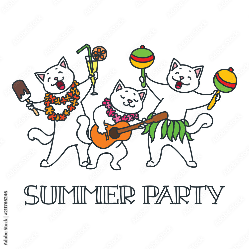 Summer party. Cute white cats having fun at a summer party. Doodle vector illustration Summer party. Cute white cats having fun at a summer party. Doodle vector illustration