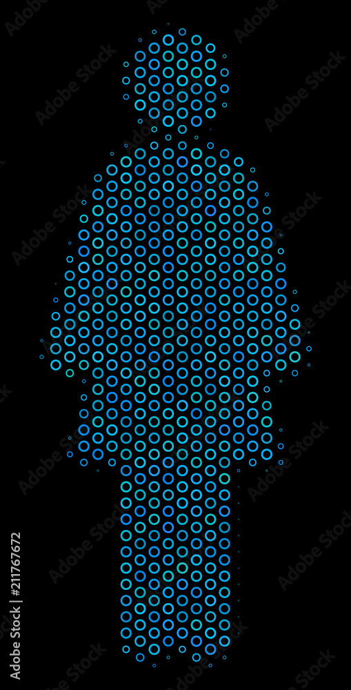 Φωτογραφία Halftone Woman person collage icon of spheric bubbles in blue color tinges on a black background
