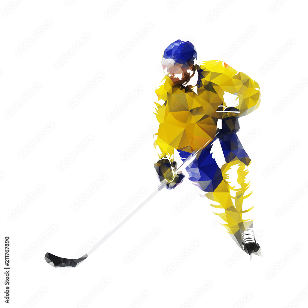 Fototapeta premium Ice hockey player in yellow jersey, low poly isolated vector illustration. Winter team sport