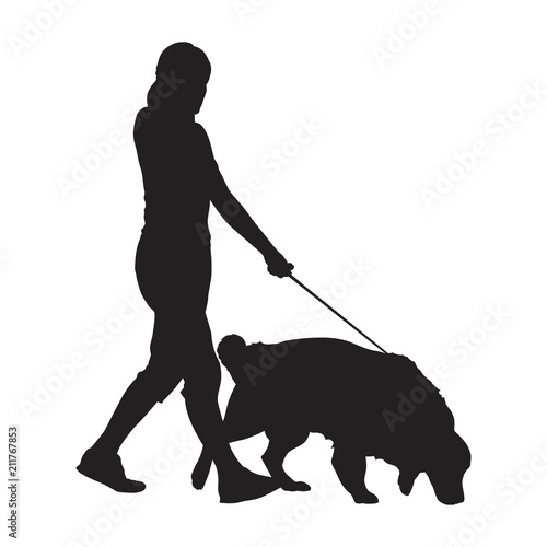 Woman walking with dog, isolated vector silhouette