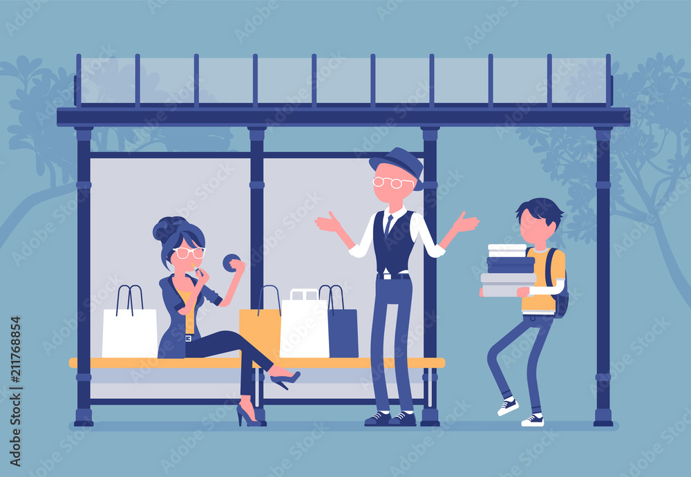 Obraz premium Girl with bags at bus stop