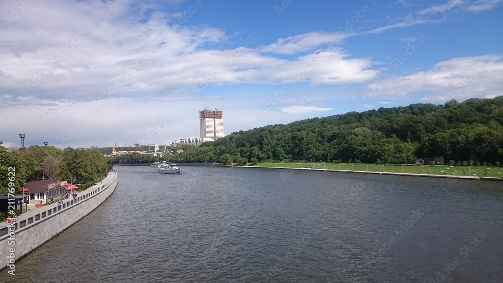 Moscow city river and ship landscape