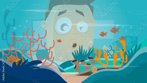 funny cartoon man watching in an aquarium