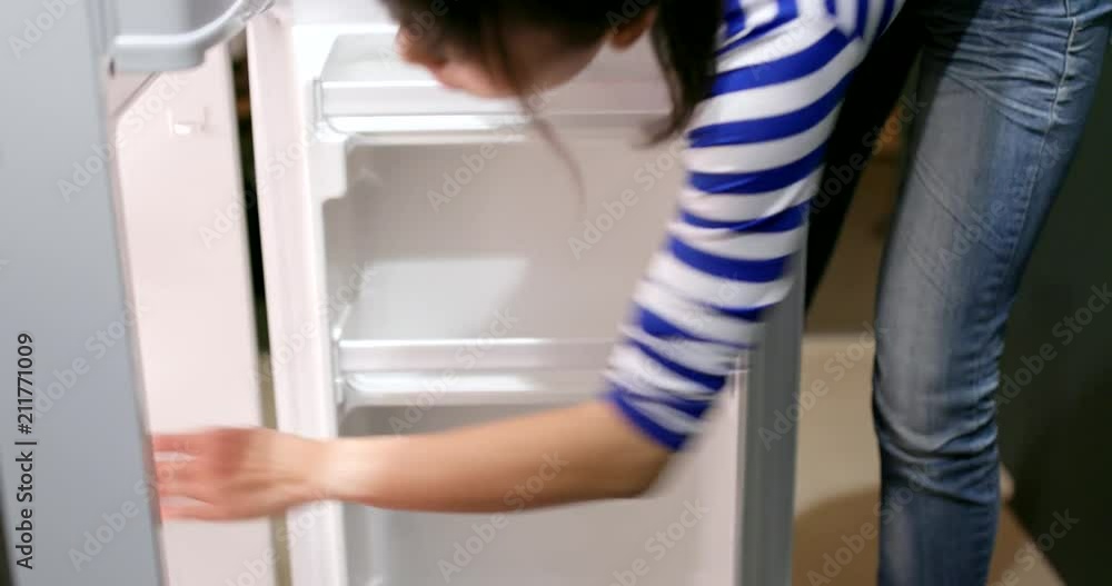 Woman opening the refrigerator and taking out an apple Woman opening the refrigerator and taking out an apple