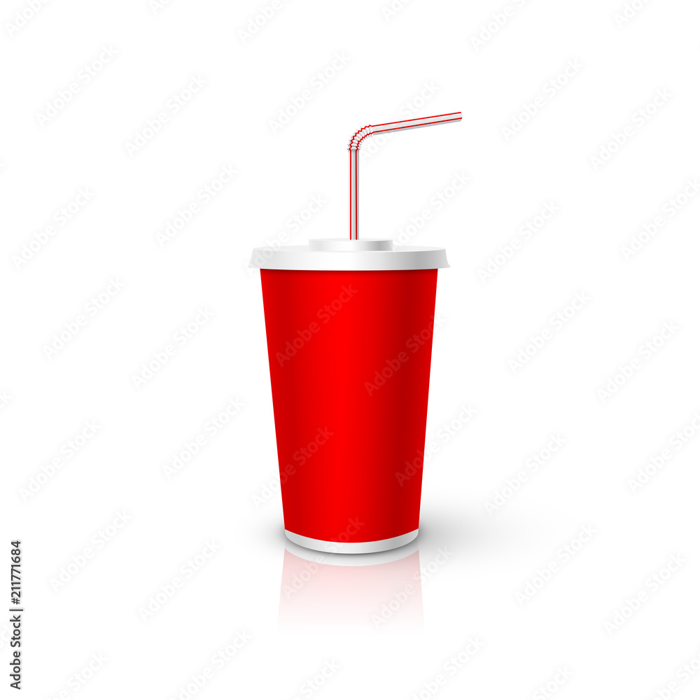 Red plastic Cup with tube mockup. Vector realistic design element.