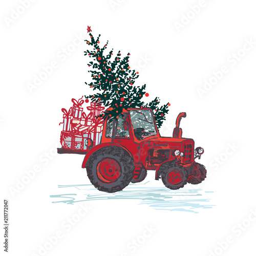 Festive New Year 2019 card. Red tractor with fir tree decorated red balls and holiday gifts isolated on white background