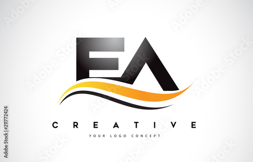 EA E A Swoosh Letter Logo Design with Modern Yellow Swoosh Curved Lines.