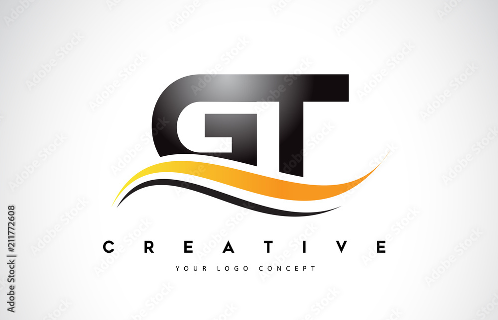 GT G T Swoosh Letter Logo Design with Modern Yellow Swoosh Curved Lines ...